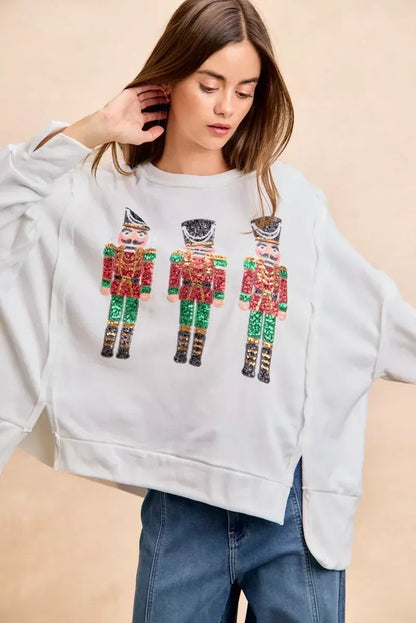 BiBi Christmas Sequin Nutcrackers Embroidery Sweatshirt - DAVERRI FASHIONS