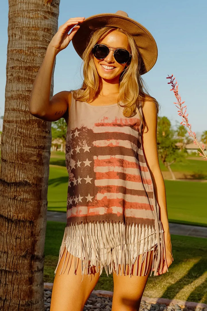 BiBi American Flag Print Knit Sleeveless Top Tank Tops