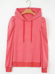 Coral and white striped puff sleeve hoodie with drawstring hood