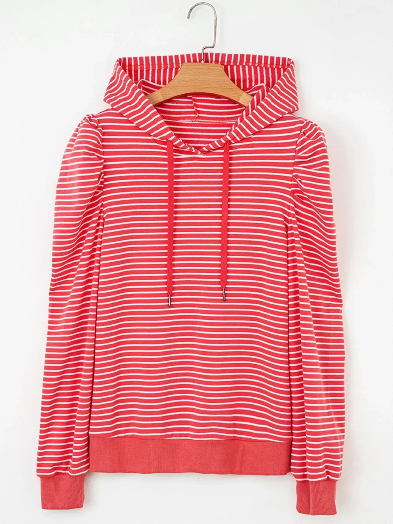 Striped Puff Sleeve Hoodie with Drawstring - DAVERRI FASHIONS