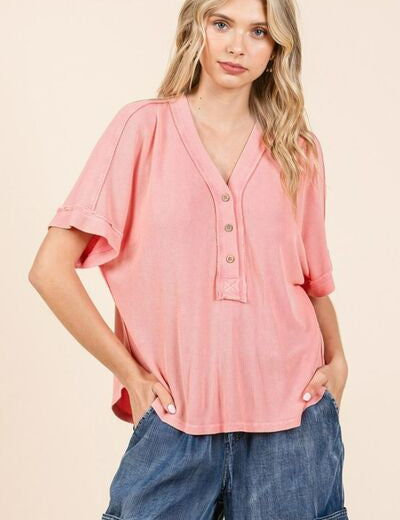 Mittoshop Mineral Wash Henley Short Sleeve Waffle Knit Top Lt Coral