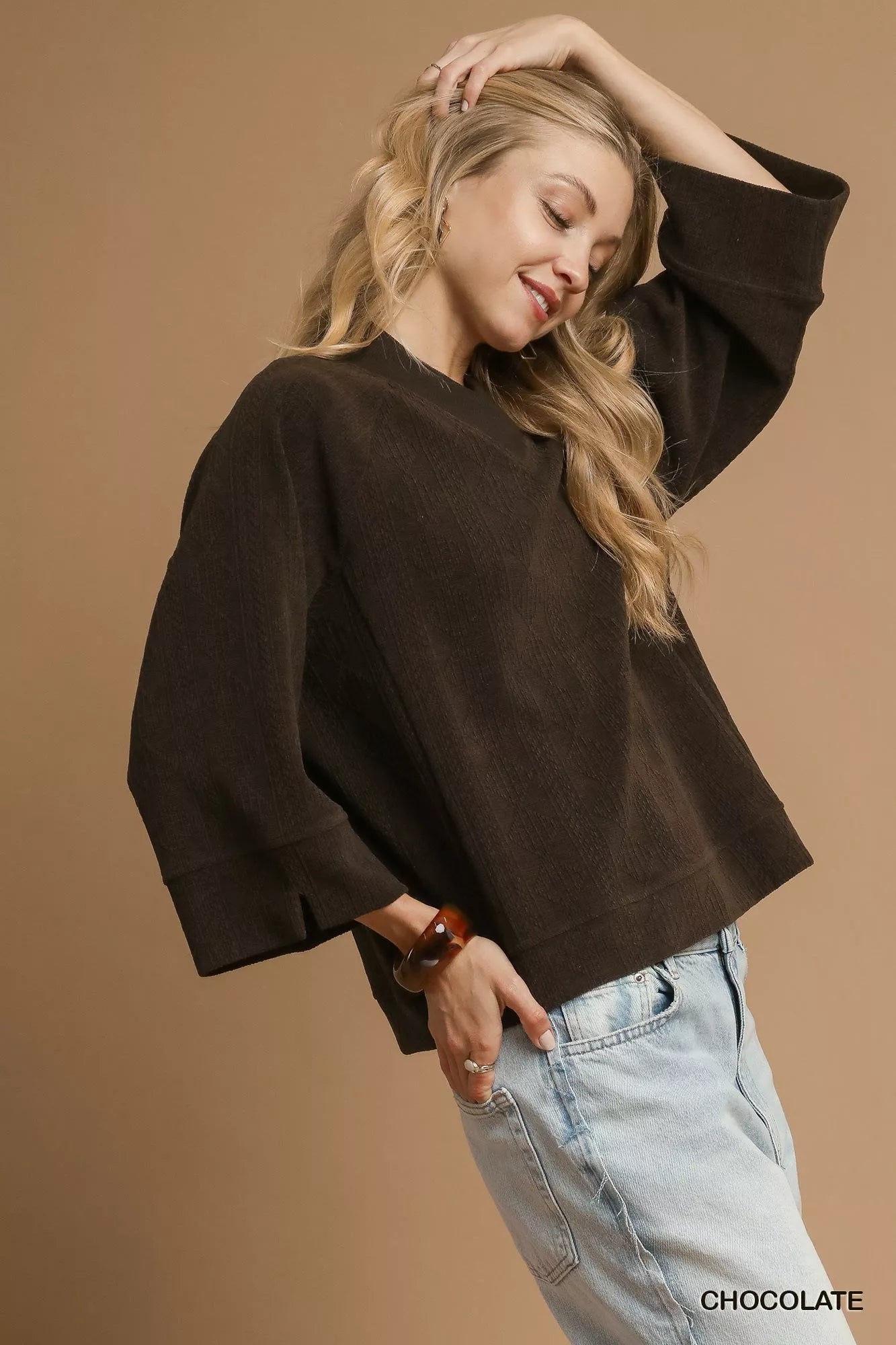 Umgee Textured Knit V-Neck Top Chocolate | Blouses Daverri Fashions