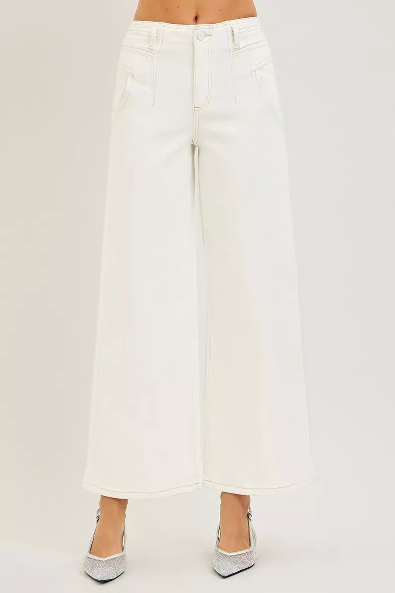 RISEN high-rise ankle wide-leg denim pants in white minimalist design