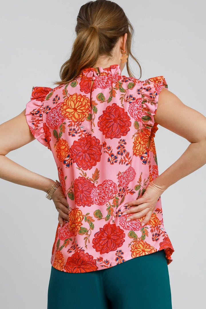 Umgee Full Size Floral Print Ruffled Cap Sleeve Blouse Plus Size Blouses