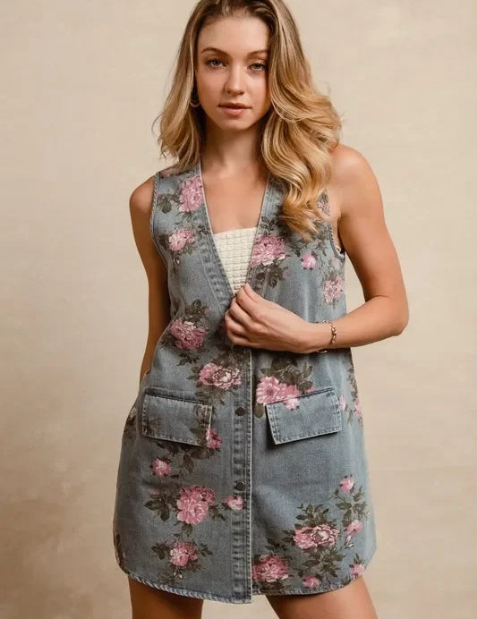 BiBi floral print washed denim long rider vest with pockets and lace trim