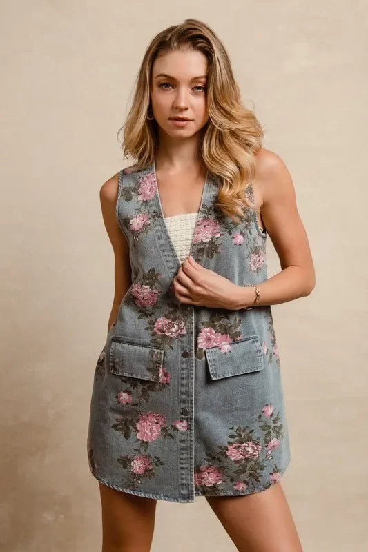 BiBi floral print washed denim long rider vest with pockets and lace trim