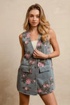 BiBi Floral Print Washed Denim Long Rider Vest - DAVERRI FASHIONS