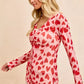 BiBi pink long-sleeved heart printed mesh shirt with ruched front