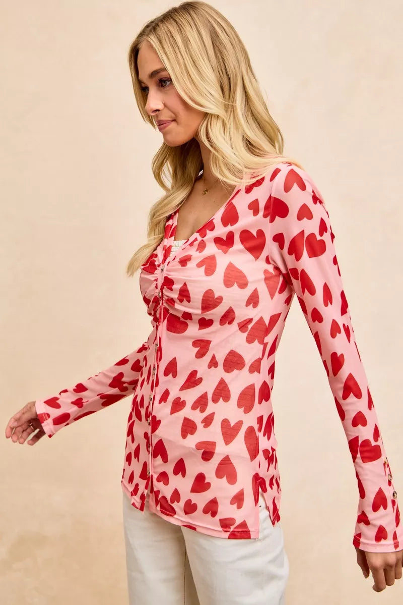 BiBi pink long-sleeved heart printed mesh shirt with ruched front