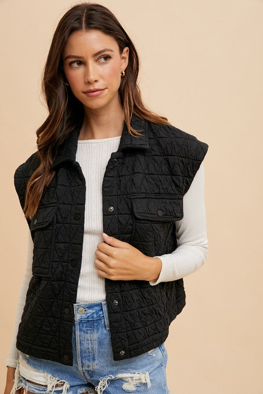 Annie Wear Texture Quilted Snap Down Vest Coat Tops