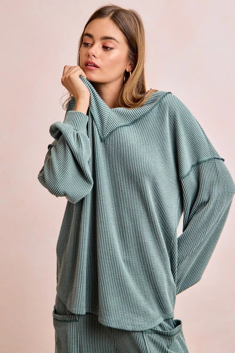 Teal ribbed oversized sweater with cowl neck in BiBi two-tone set