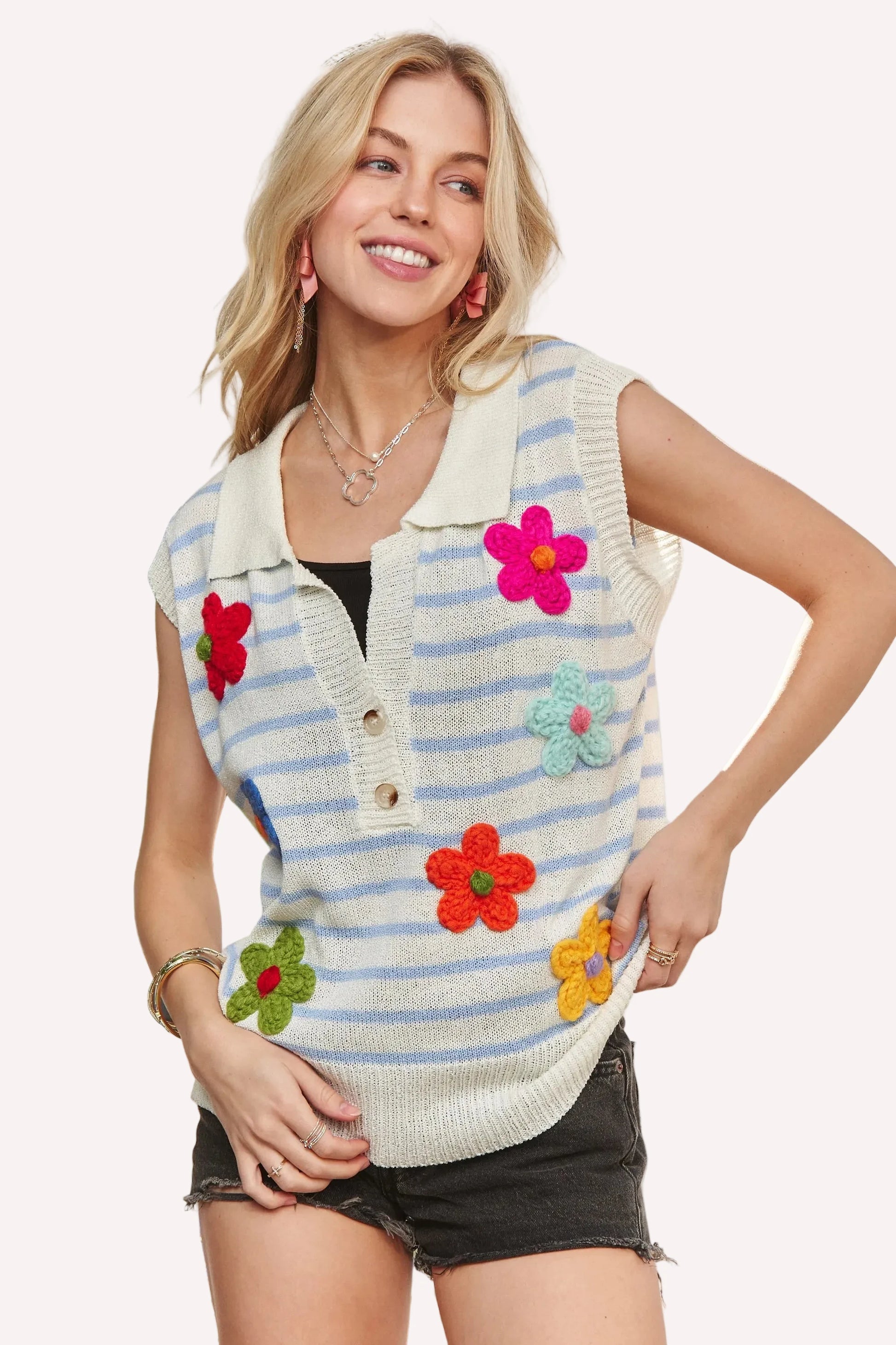ADORA Short Sleeveless Flower Top with colorful crocheted flowers