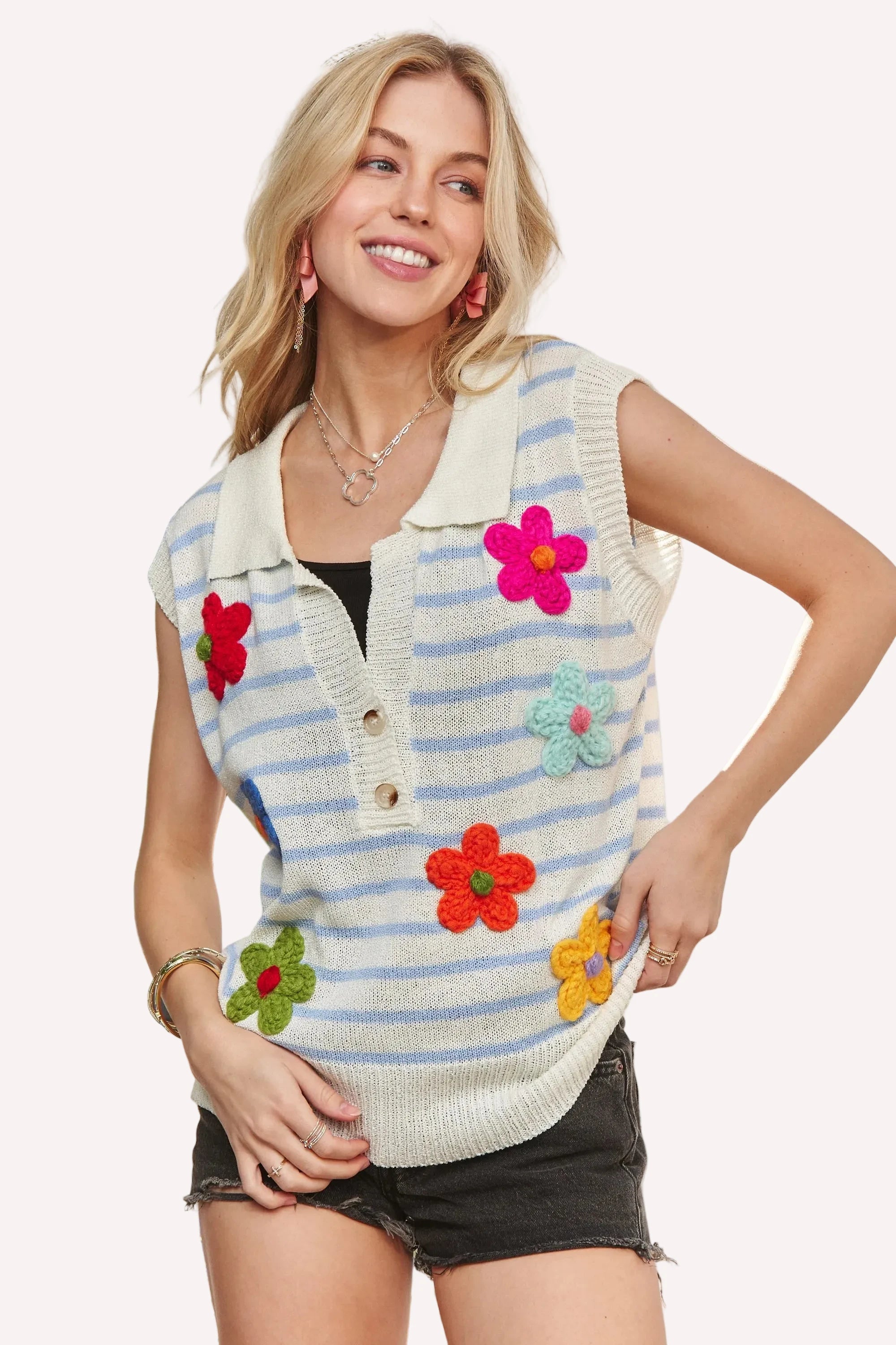 ADORA Short Sleeveless Flower Top with colorful crocheted flowers