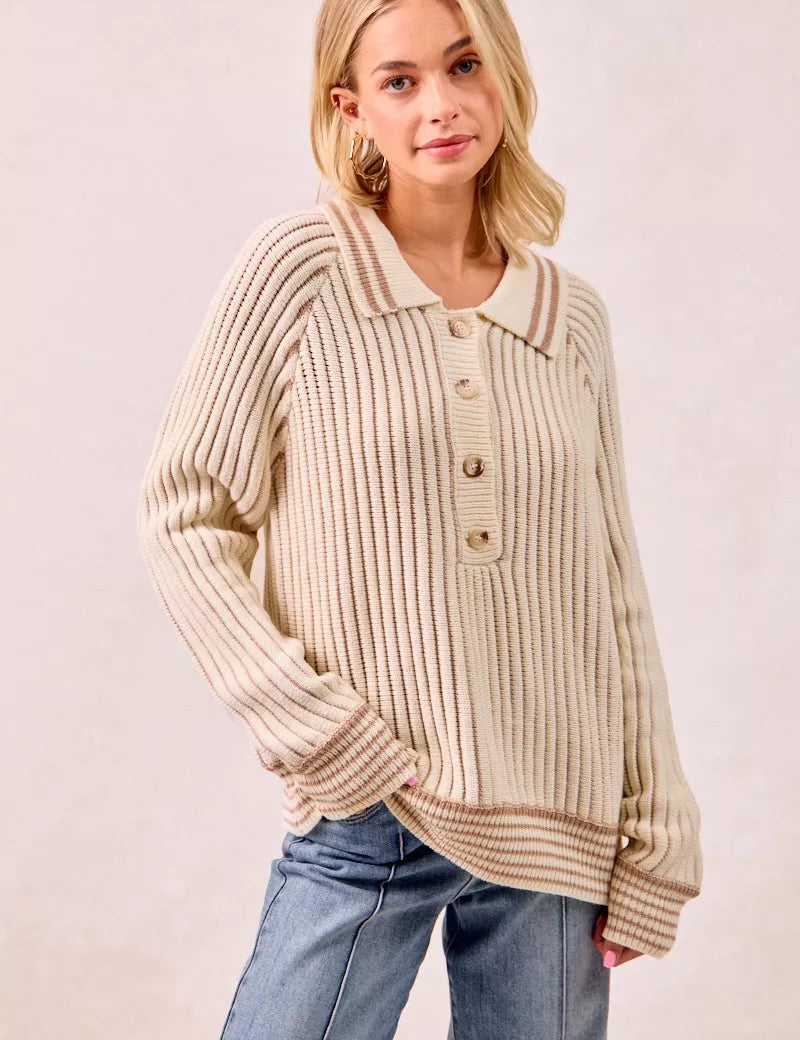 CREAM LATTE BiBi Half Button Ribbed Two Tone Sweater | Sweaters Daverri Fashions
