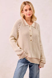 CREAM LATTE BiBi Half Button Ribbed Two Tone Sweater | Sweaters Daverri Fashions