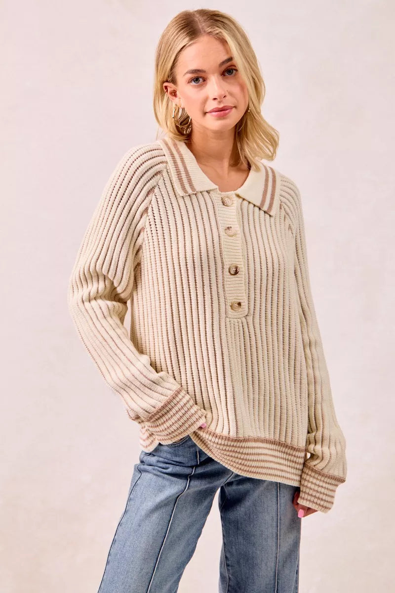 CREAM LATTE BiBi Half Button Ribbed Two Tone Sweater | Sweaters Daverri Fashions
