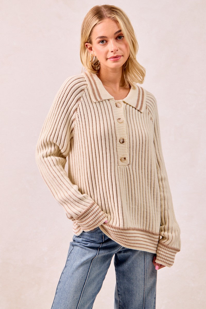 BiBi half button ribbed two tone beige knit sweater with collar