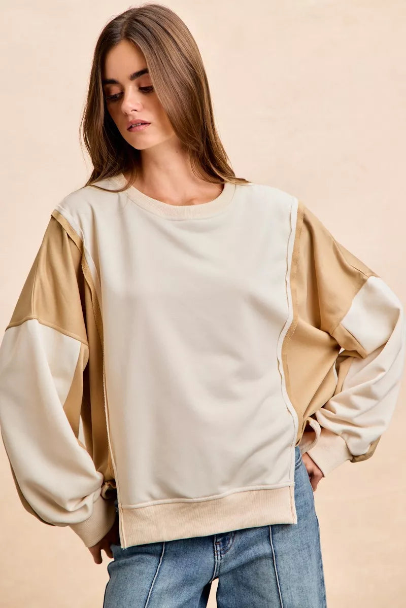 BiBi French terry color block sweatshirt in beige and tan with open seams