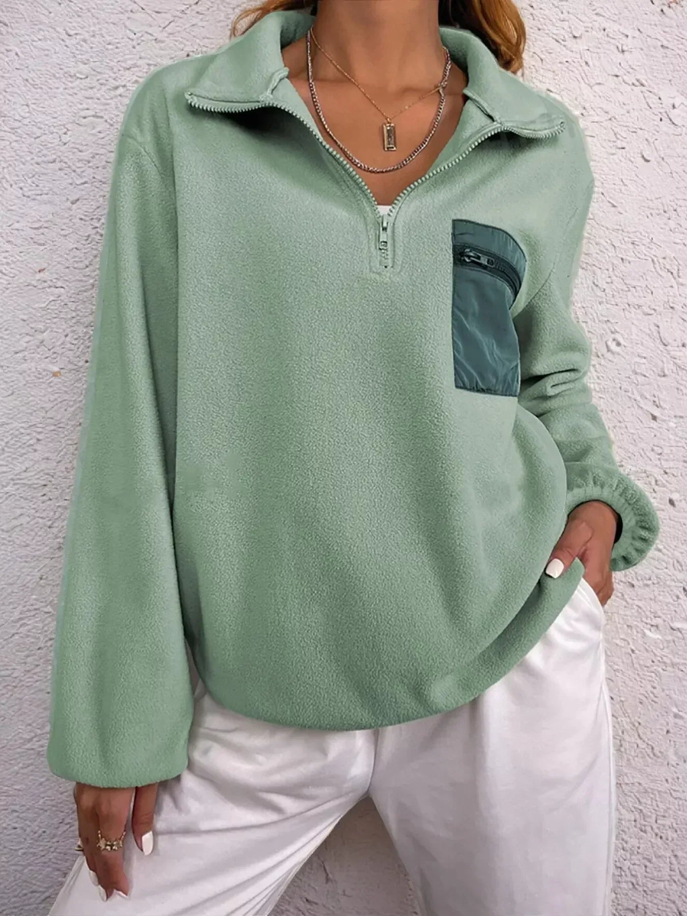 Half Zip Dropped Shoulder Pullover - DAVERRI FASHIONS