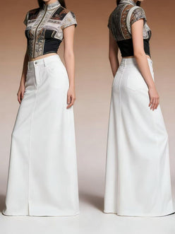 White high-waisted wide-leg Raw Hem Maxi Denim Skirt with sleek fabric