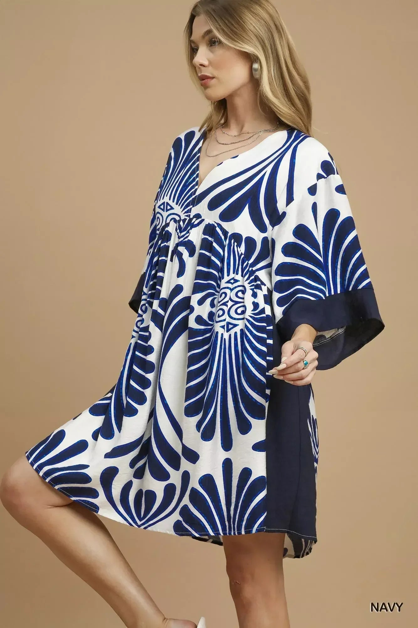 Umgee Abstract Print Kimono Sleeve Mini Dress - DAVERRI FASHIONS