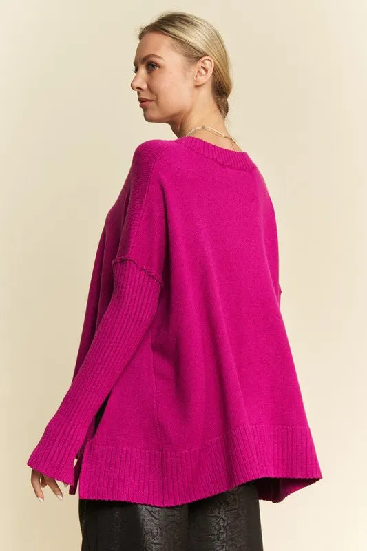 Vibrant fuchsia Davi & Dani ribbed side slit V-neck oversized knit sweater