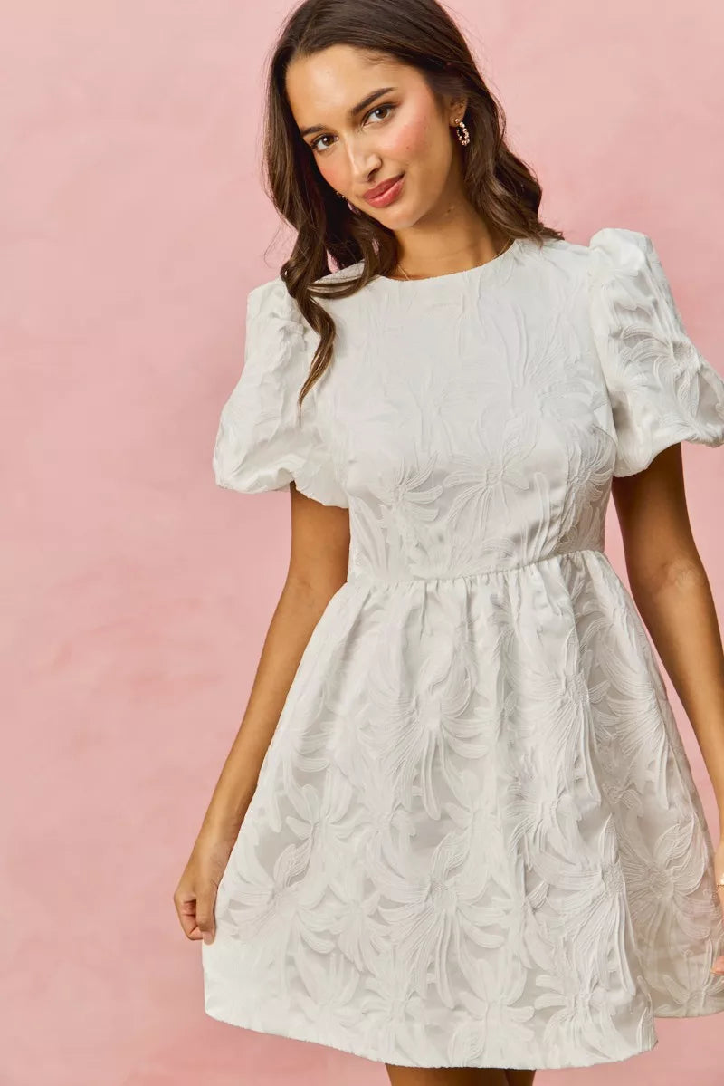White floral jacquard puff-sleeve mini dress by SO ME