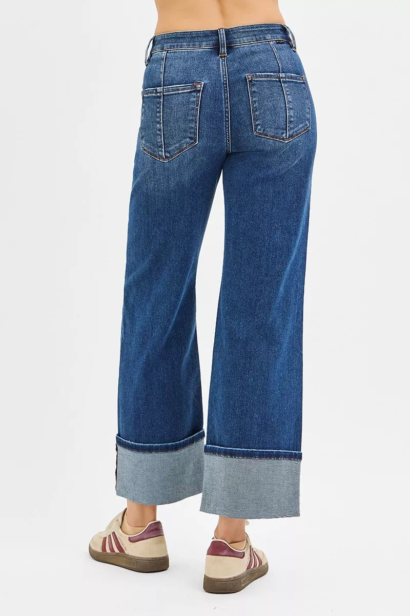 RISEN Full Size High Rise Crop Wide Straight Cuffed Jeans Plus Size | Jeans Daverri Fashions