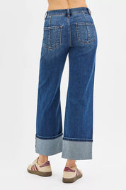 RISEN Full Size High Rise Crop Wide Straight Cuffed Jeans Plus Size | Jeans Daverri Fashions