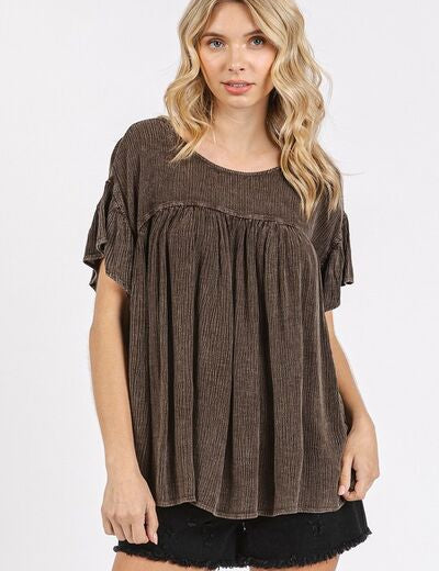 Mittoshop Mineral Washed Round Neck Ruffle Sleeve Blouse Chocolate