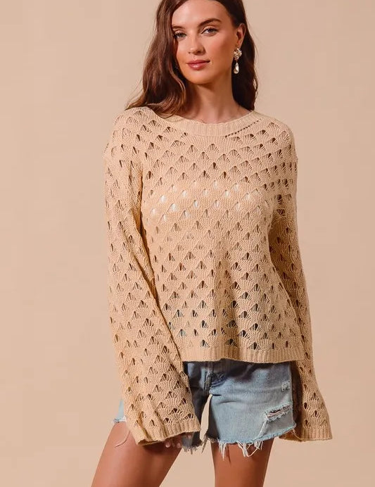 NATURAL SO ME Geometric Pattern Open Knit Lightweight Sweater | Sweaters Daverri Fashions