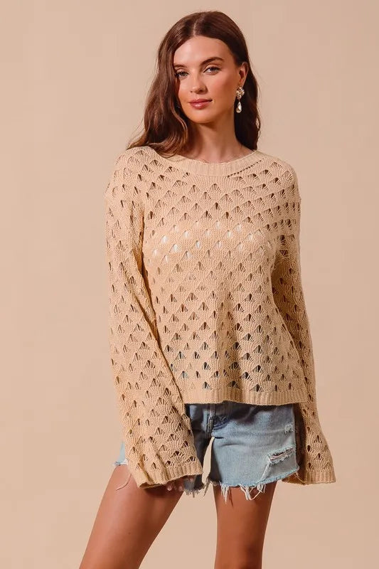 SO ME Geometric Pattern Open Knit Lightweight Sweater NATURAL
