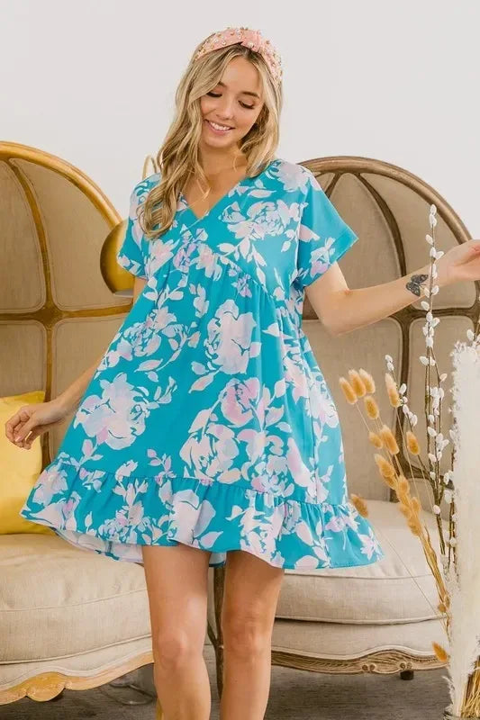 BiBi Floral Crinkle Shirred Ruffle Detail V Neck Dress - DAVERRI FASHIONS