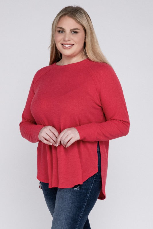 Plus Melange Baby Waffle Long Sleeve Top Plus Tops