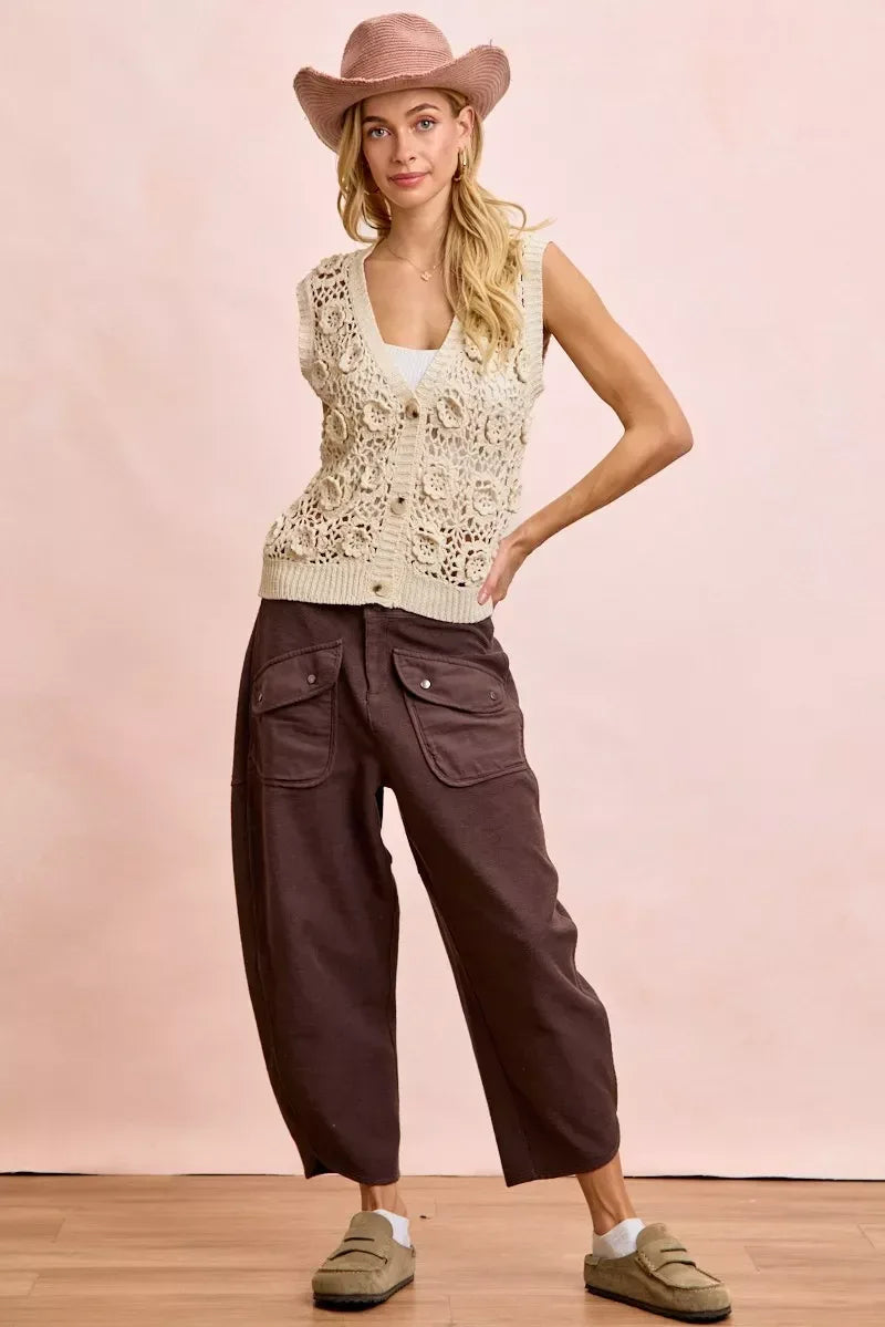 BiBi Washed Terry Pants with Pockets Vintage Mocha - DAVERRI FASHIONS