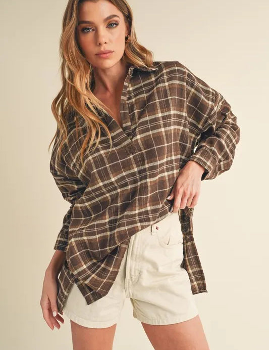 Aemi + Co Side Slit High-Low Plaid Long Sleeve Polo Shirt | Daverri Fashions