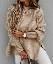 Apricot Full Size Side Slit Loose Fit Mock Neck Sweater | Sweaters Daverri Fashions