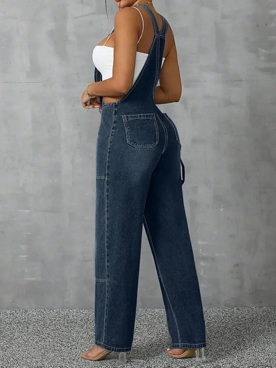 Zip Front Wide Strap Denim Overalls - DAVERRI FASHIONS