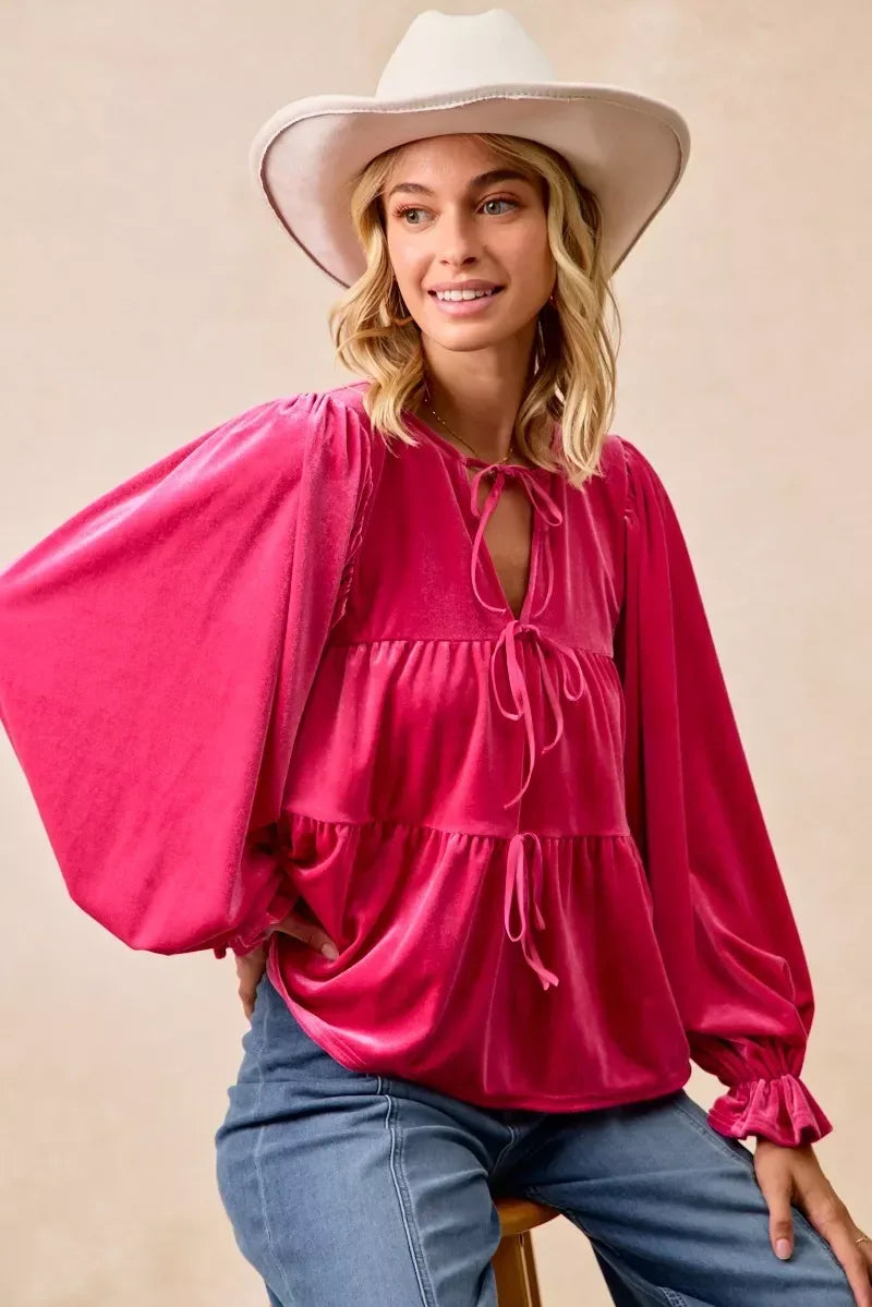 BiBi Christmas Theme Velvet Bow Tied Blouse - DAVERRI FASHIONS