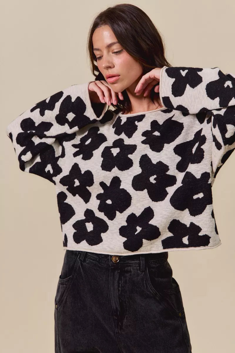 Black and cream floral SO ME loose fit lightweight cropped sweater top