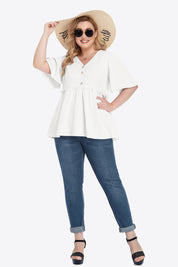 White plus size V-neck peplum blouse with buttoned front and ruffled hem
