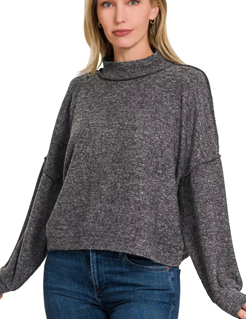 BLACK Zenana Brushed Melange Hacci Cropped Sweater | Daverri Fashions