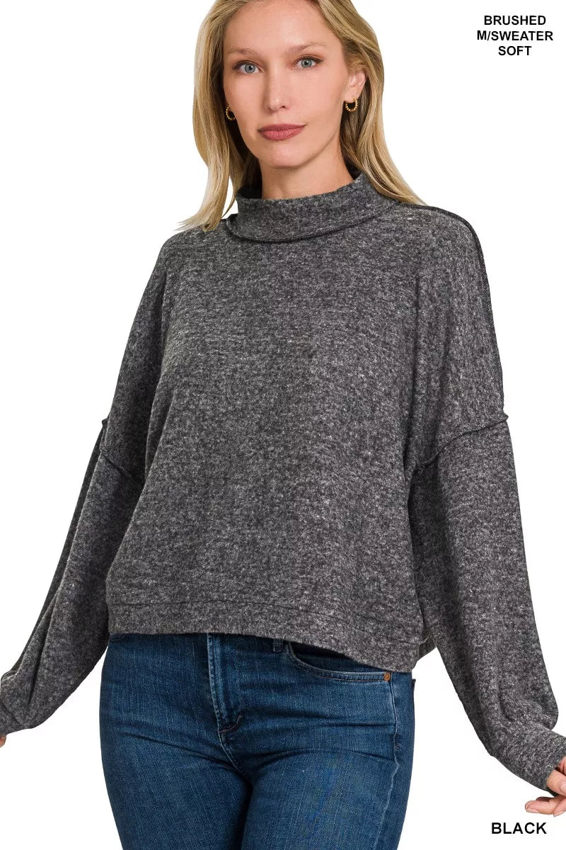 BLACK Zenana Brushed Melange Hacci Cropped Sweater | Daverri Fashions