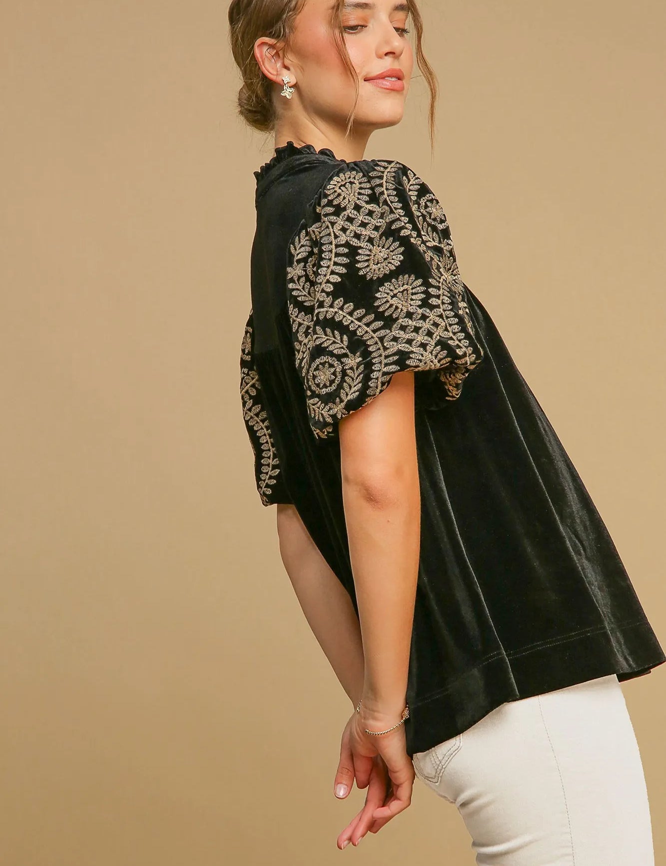 Umgee Full Size Velvet Embroidered Sleeve Blouse | Blouses Daverri Fashions