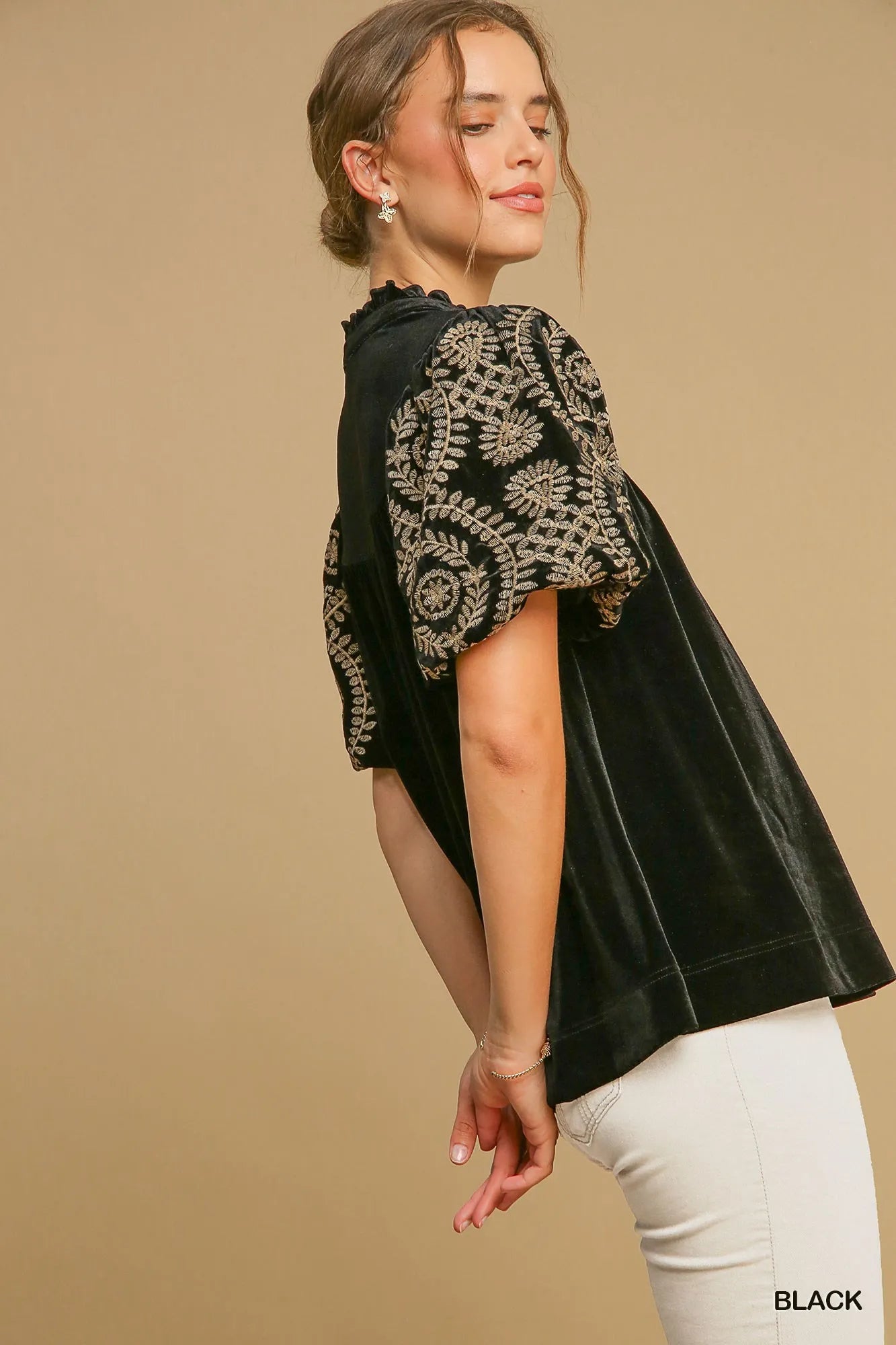 Umgee Full Size Velvet Embroidered Sleeve Blouse Blouses