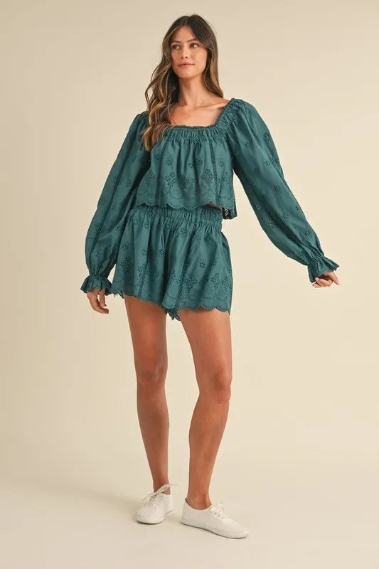 MABLE Embroidered Scalloped Lace Top and Short Set Outfit Sets