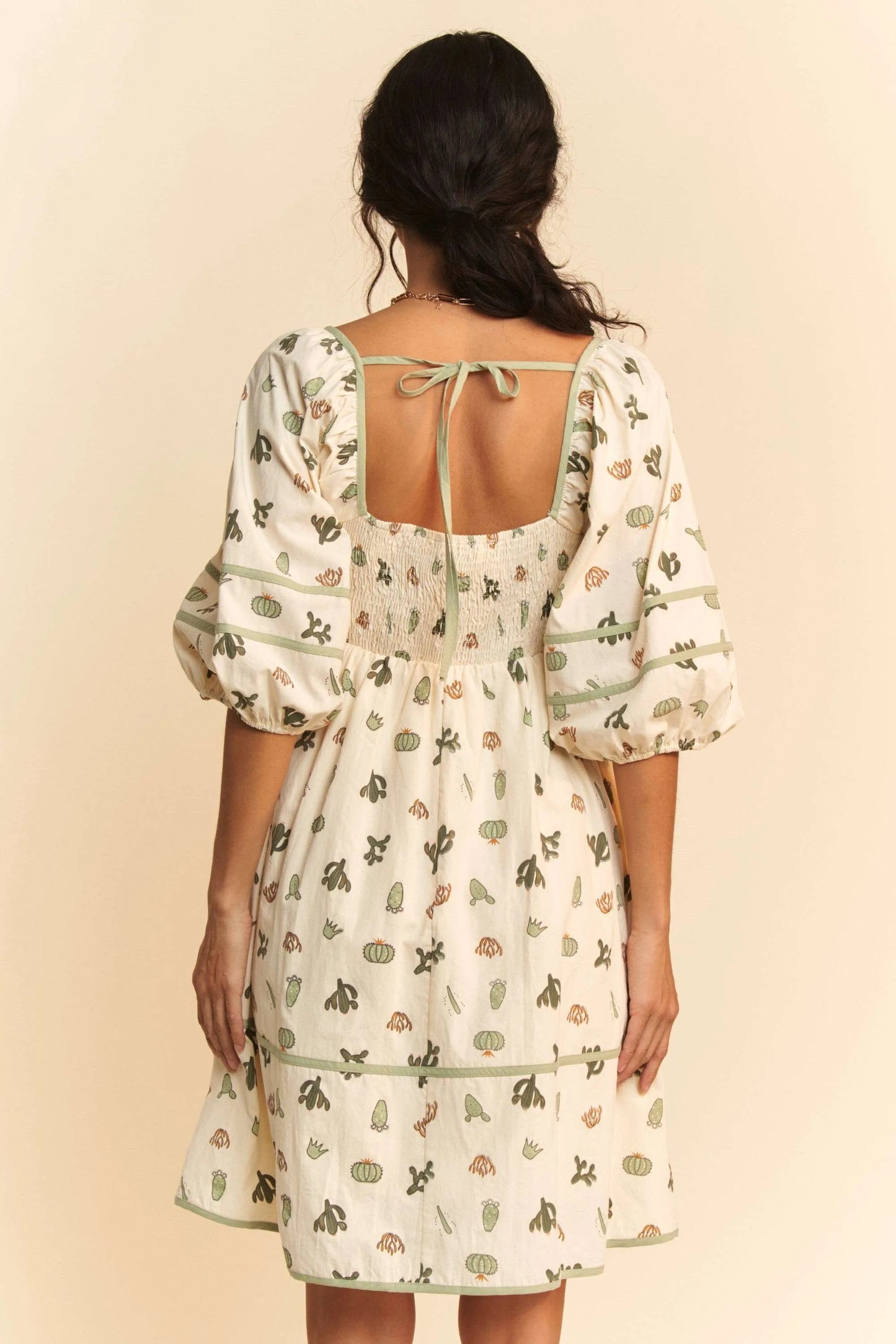 Davi & Dani cactus printed poplin mini dress with piping, cream with puffy sleeves