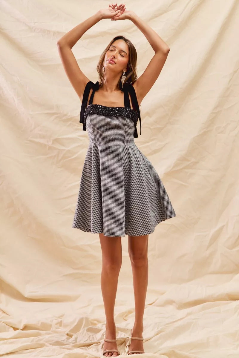 SO ME Houndstooth Fit Flare Mini Dress with Shoulder Tie | Mini Dresses Daverri Fashions