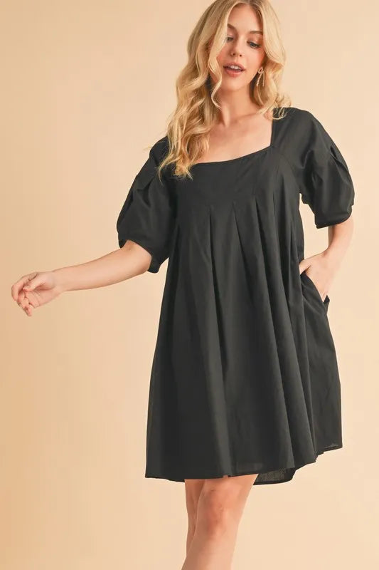Aemi + Co Square Neck Babydoll Dress with Pockets BLACK