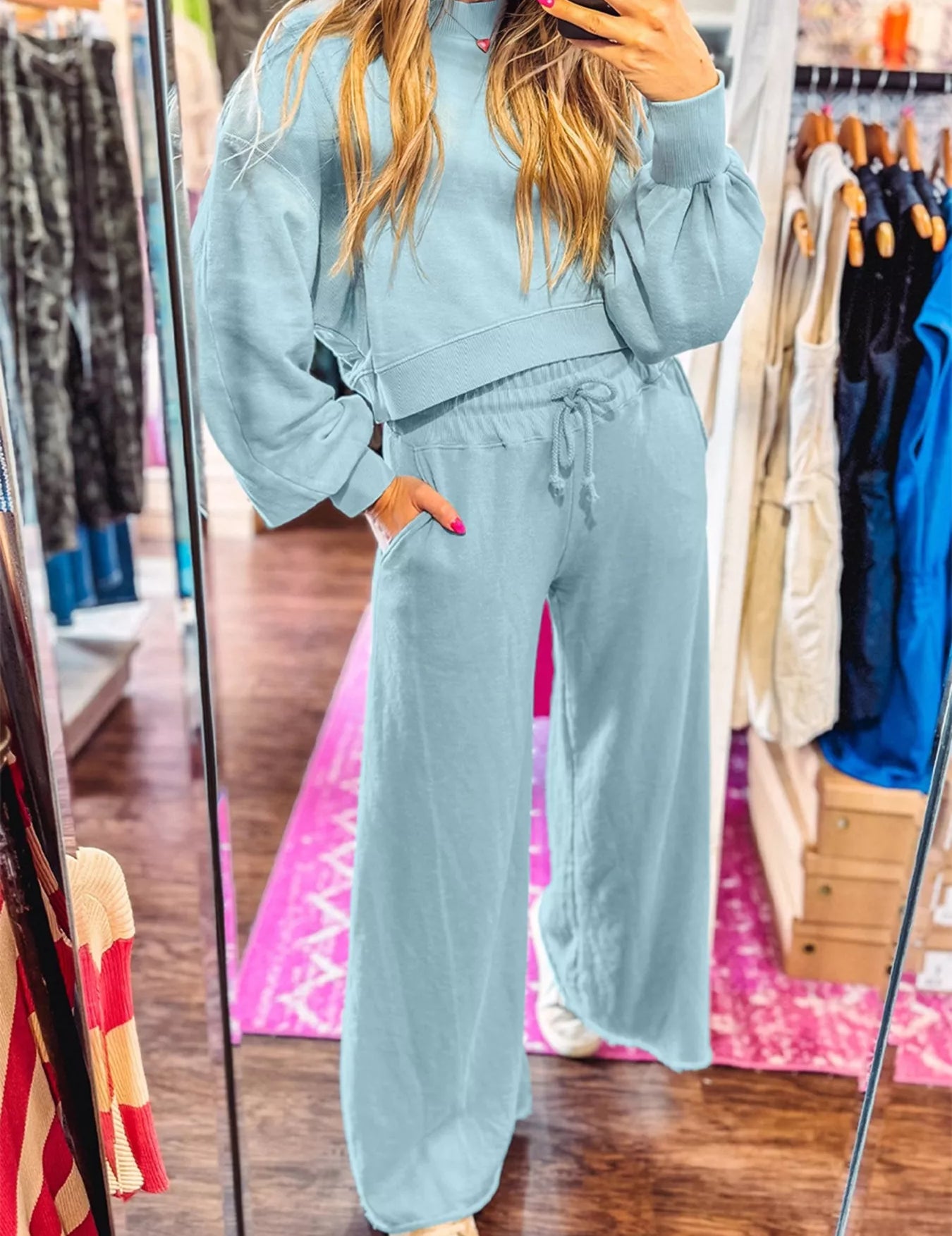 Drop Shoulder Puff Sleeve Crop Top and Drawstring Wide Leg Pants Set | Loungewear Sets Daverri Fashions